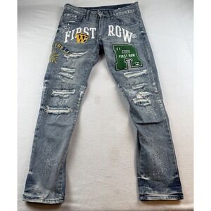 First Row Varsity Patched Jeans Men's Size 32x32 EUC Distressed Slim Denim